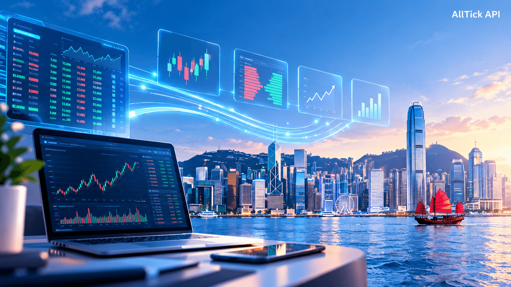 A Hong Kong skyline and harbor combined with real-time financial charts, order-book data, and flowing digital data connections