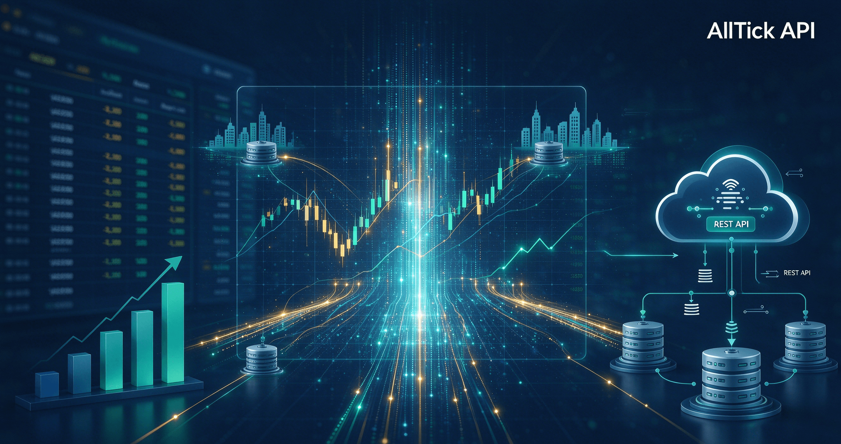 Abstract tech visual: flowing data streams, stock K‑lines and real‑time quotes. Interface links symbolize REST‑API interaction for fetching real‑time financial stock data.